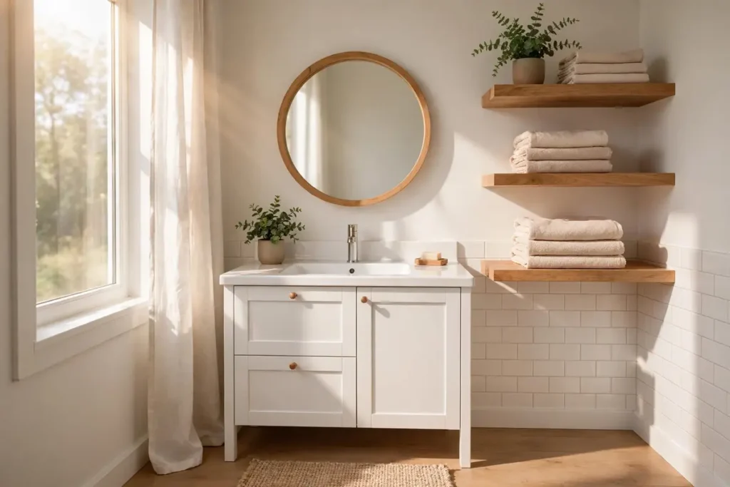 Bright bathroom with double vanity, round mirrors and greenery