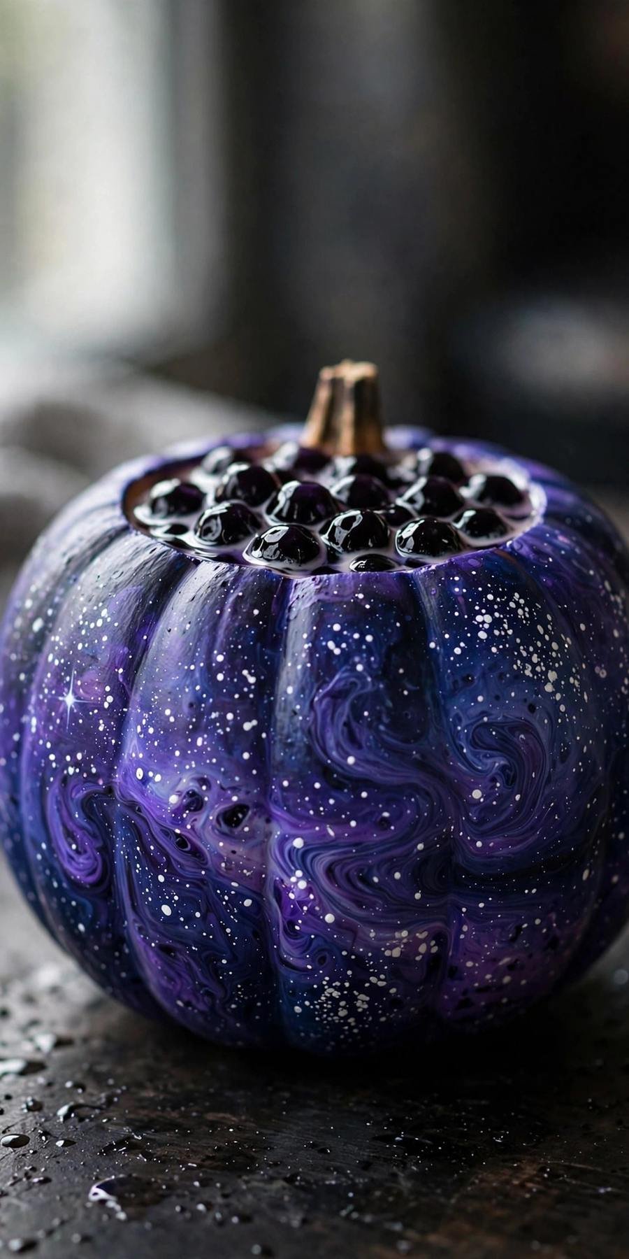 boba pumpkin painting: galaxy boba tea pumpkin with stars