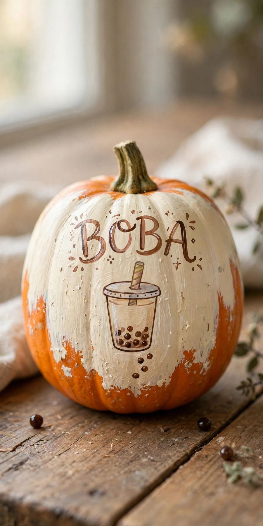 boba pumpkin painting: pumpkin painted as a boba shop sign