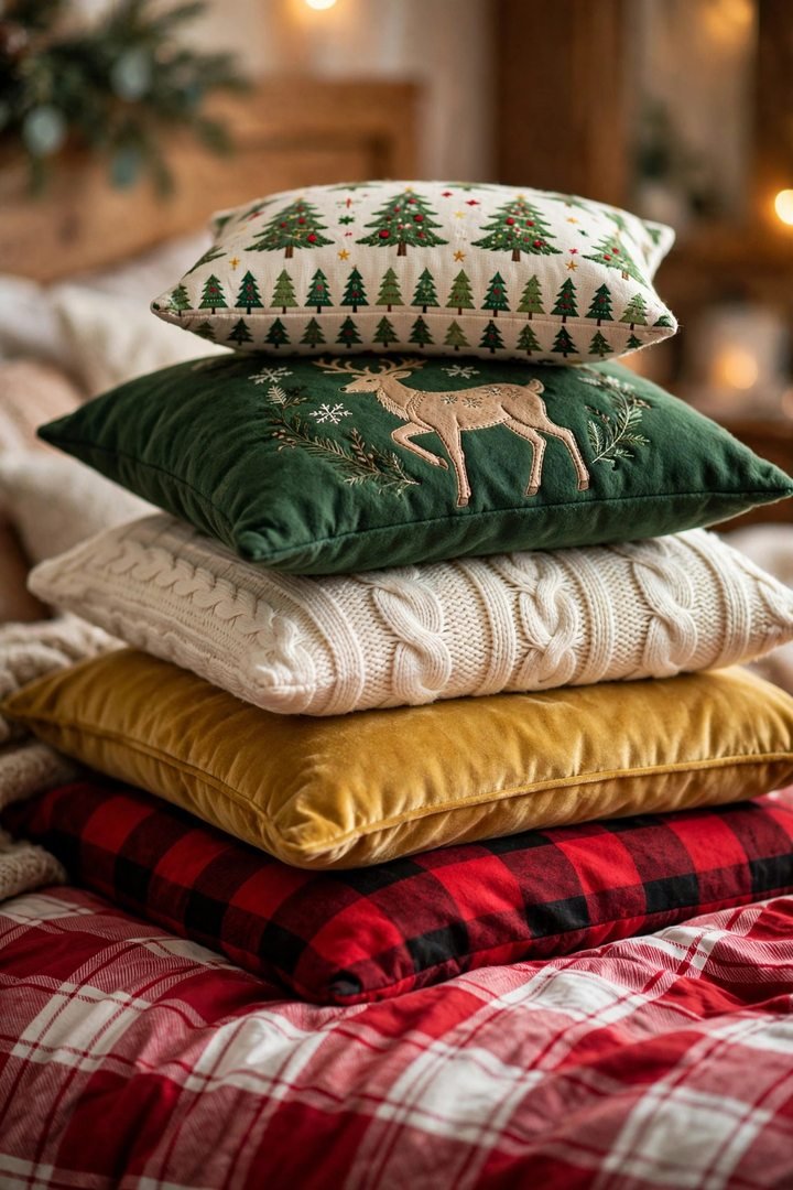 christmas bedroom decor ideas: layered stack of Christmas throw pillows on a bed