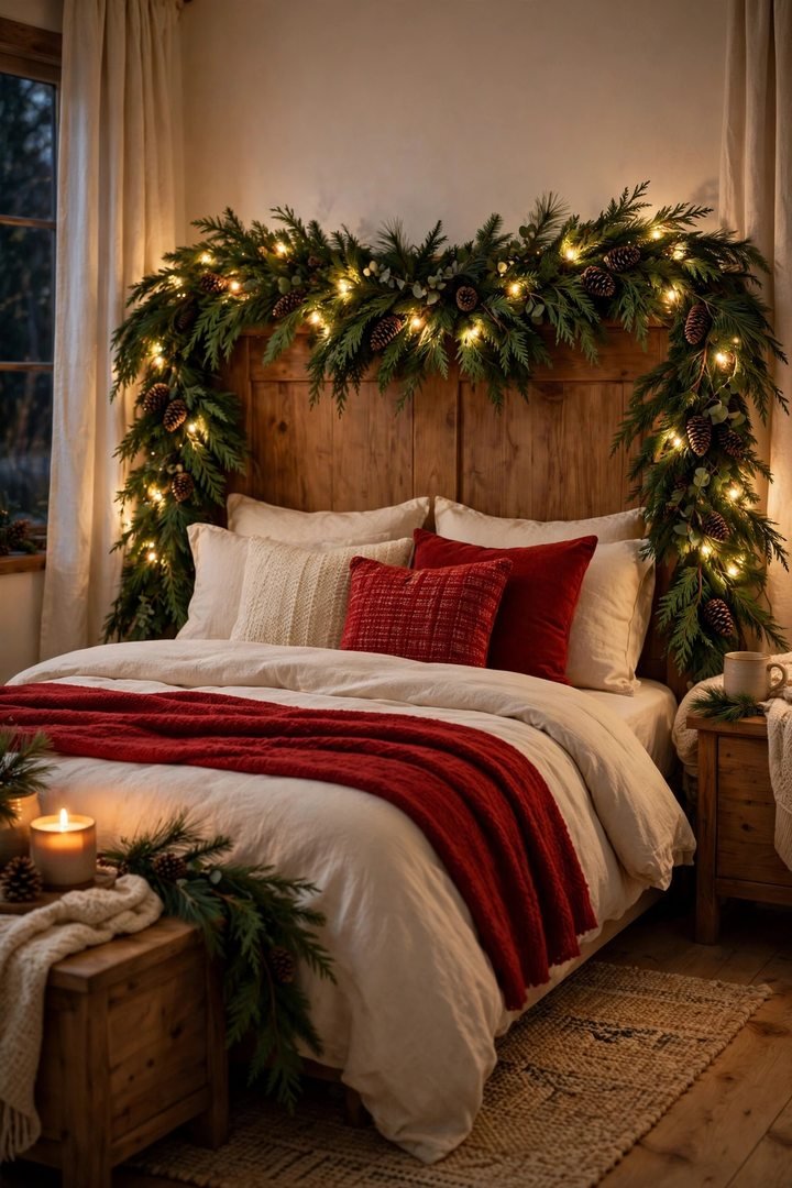 christmas bedroom decor ideas: headboard wrapped in cedar garland with fairy lights