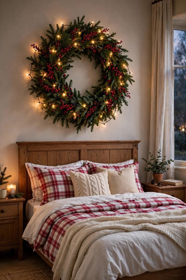 christmas bedroom decor ideas: lit evergreen wreath centered above a headboard