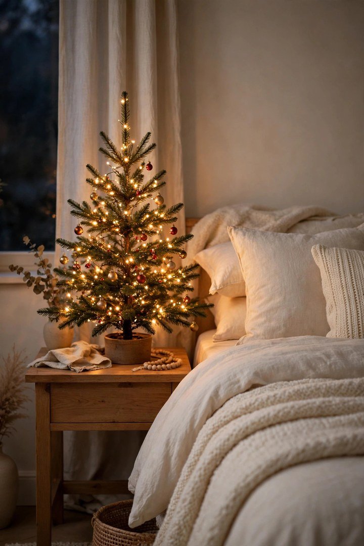 christmas bedroom decor ideas: small lit Christmas tree on a bedroom nightstand