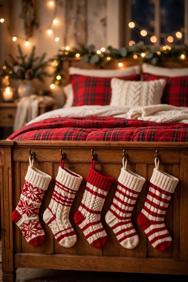 christmas bedroom decor ideas: knit Christmas stockings hanging along a footboard
