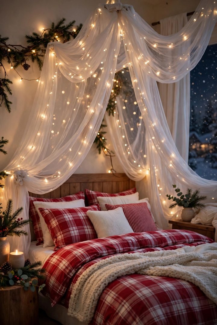 christmas bedroom decor ideas: sheer canopy with fairy lights draped over a bed