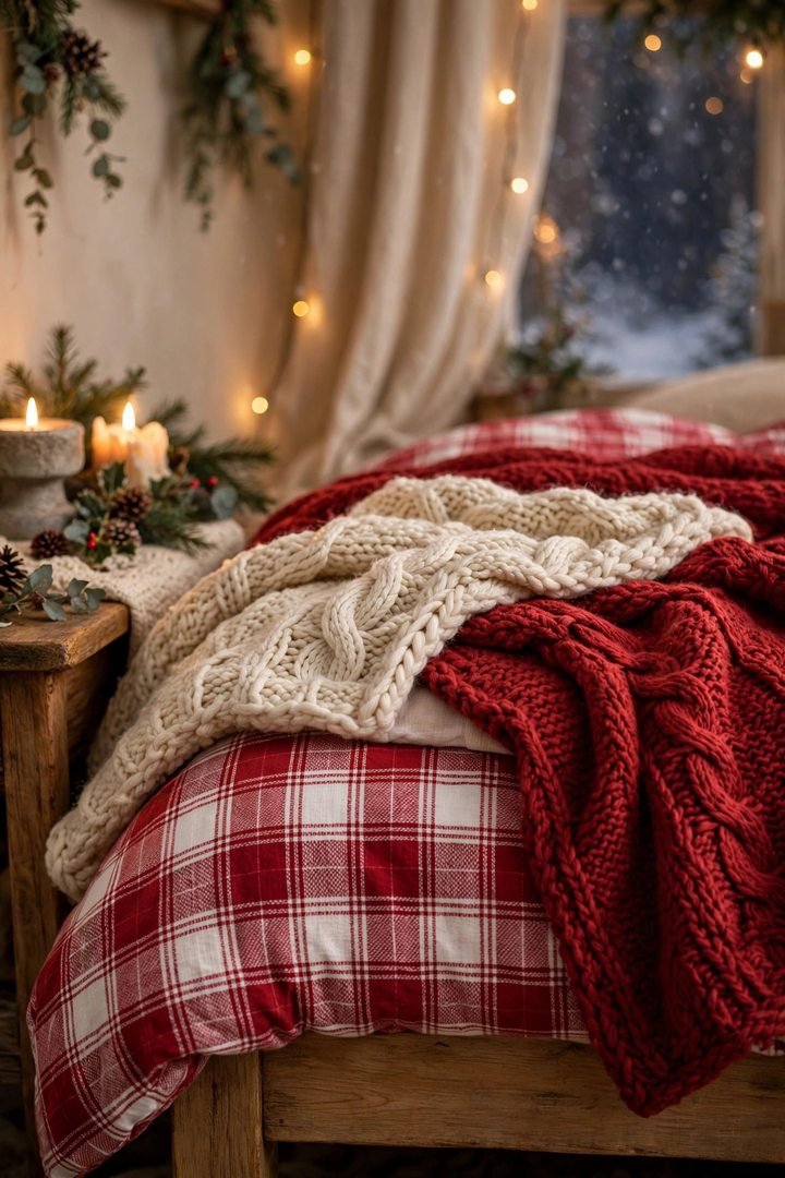 christmas bedroom decor ideas: chunky knit throw draped at the foot of a bed
