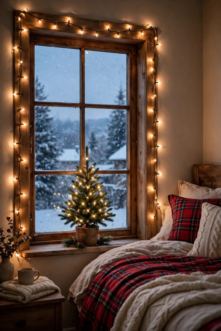 christmas bedroom decor ideas: bedroom window framed with warm fairy lights at dusk