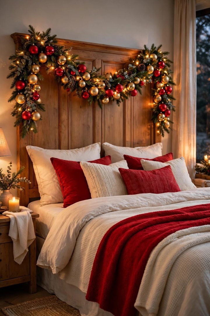 christmas bedroom decor ideas: ornament garland swagged along a headboard