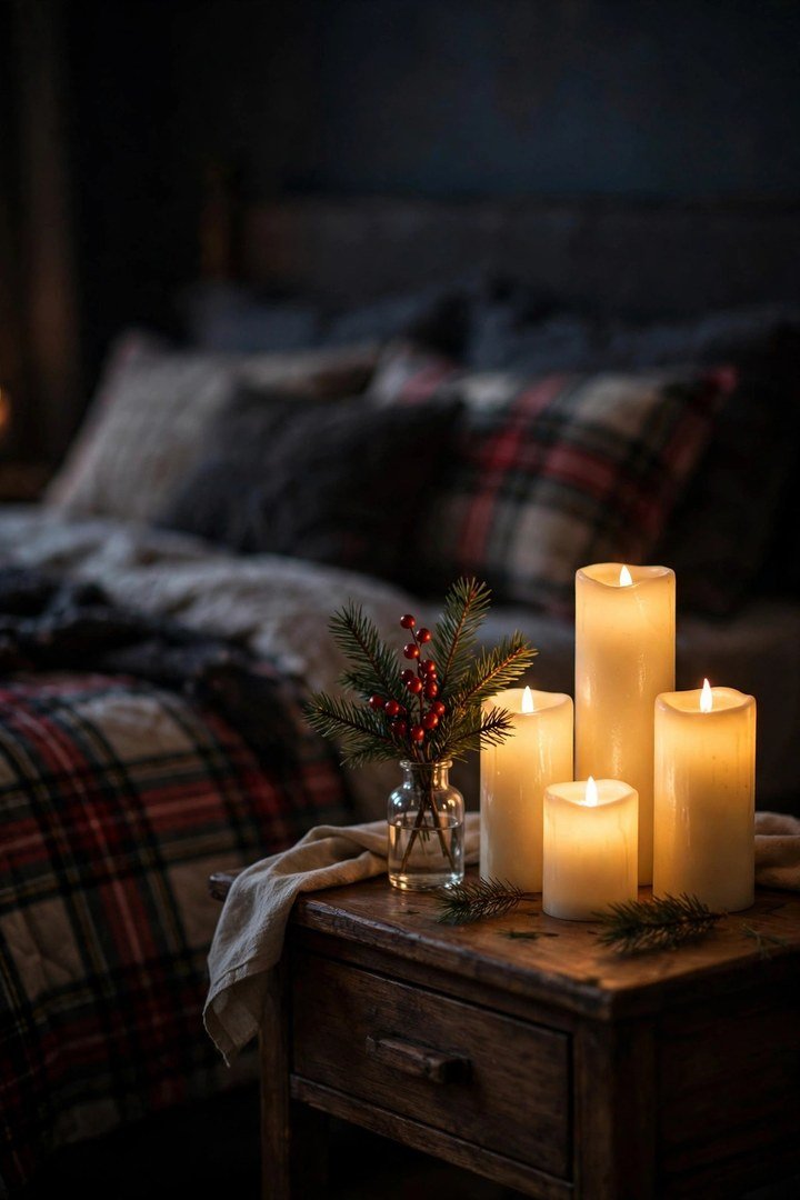 christmas bedroom decor ideas: flameless candles with greenery glowing on a nightstand