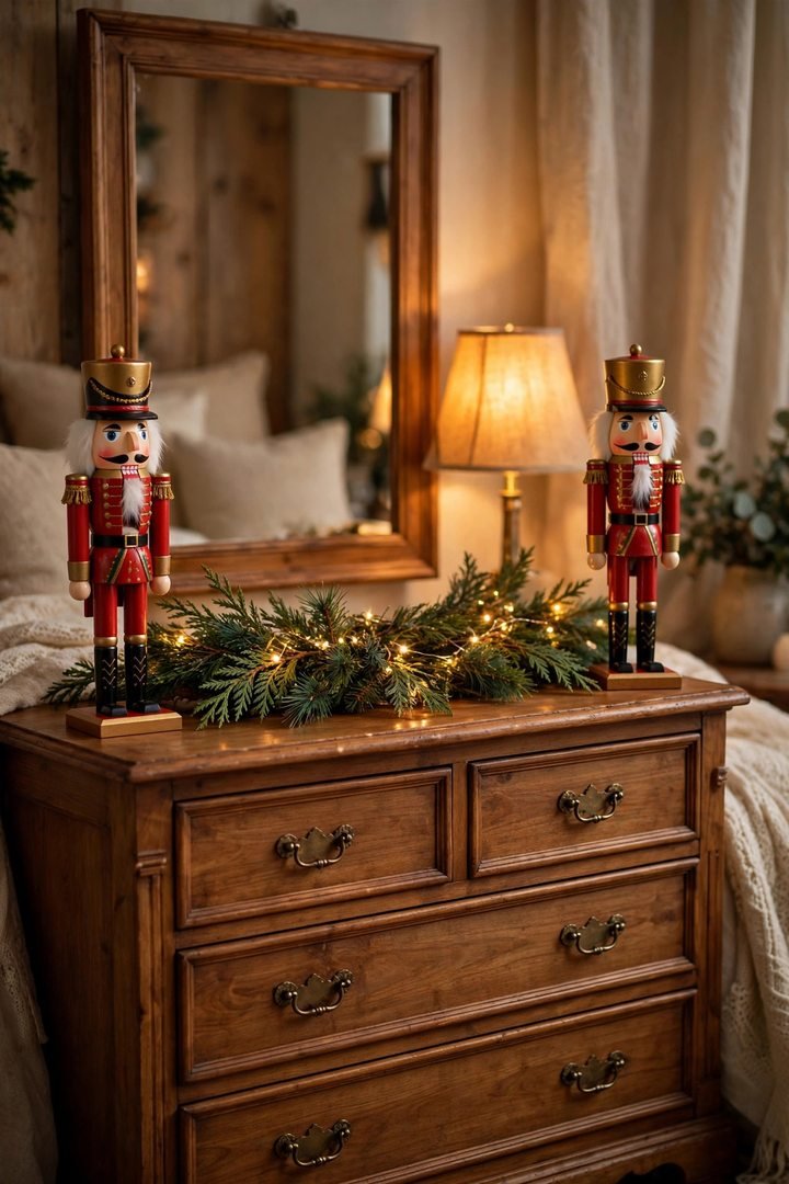 christmas bedroom decor ideas: nutcracker pair flanking garland on a dresser