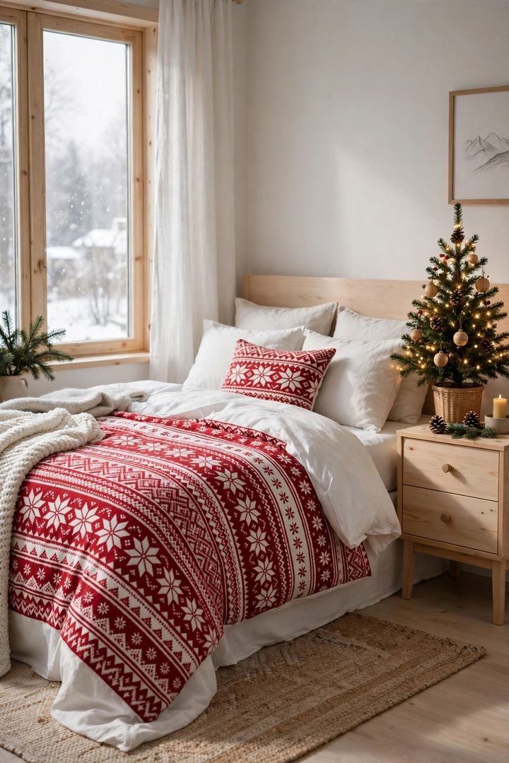 christmas bedroom decor ideas: Scandinavian red-and-white Christmas duvet on a bed