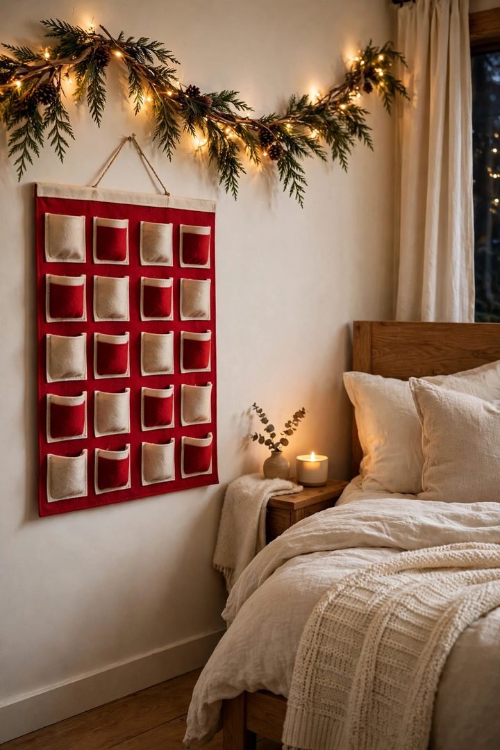 christmas bedroom decor ideas: felt advent calendar hanging on a bedroom wall