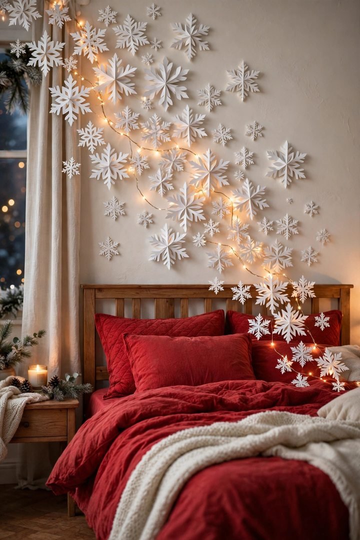 christmas bedroom decor ideas: paper snowflake flurry with lights above a headboard