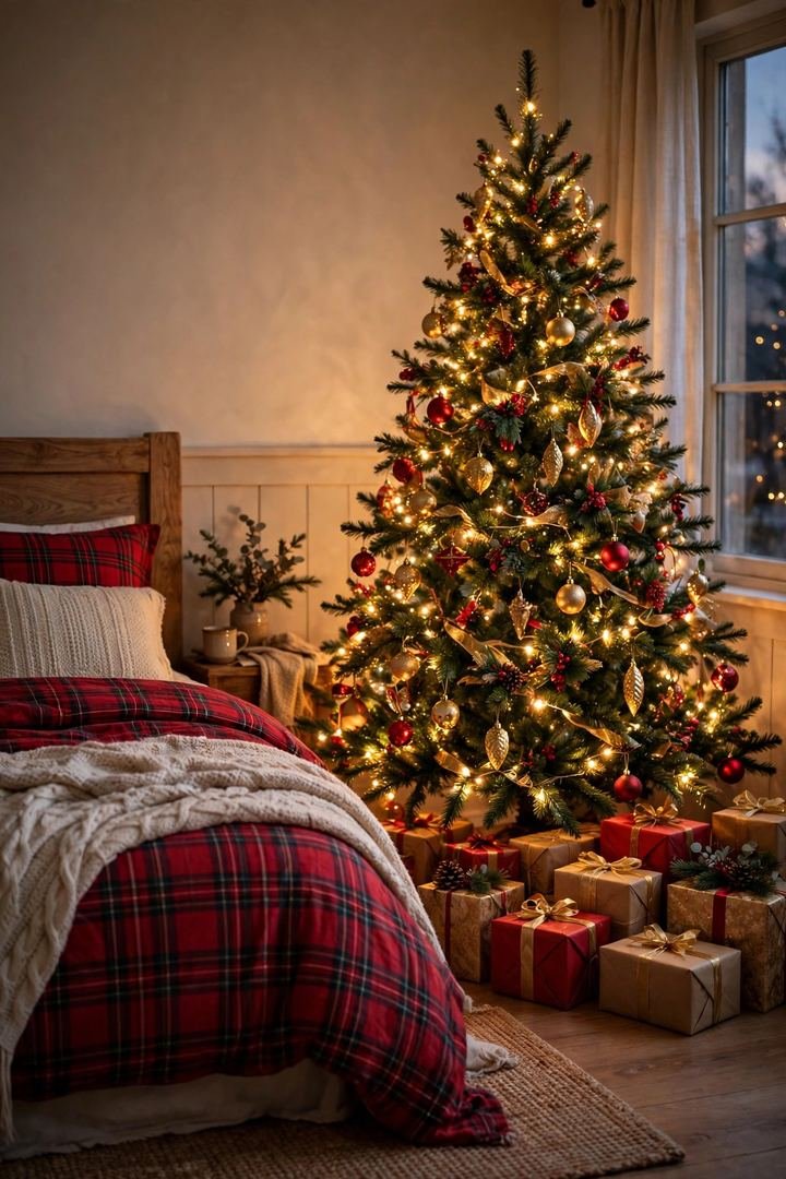 christmas bedroom decor ideas: full decorated Christmas tree in a bedroom corner