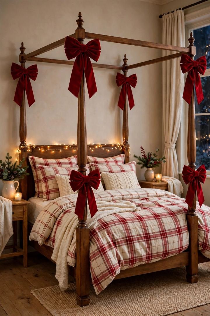 christmas bedroom decor ideas: red velvet bows tied on wooden bedposts