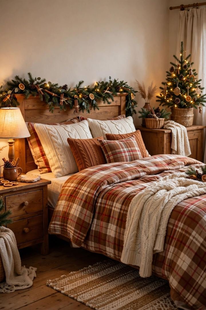 christmas bedroom decor ideas: bed dressed in warm gingerbread-toned Christmas bedding