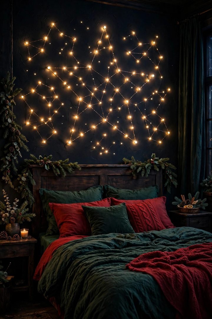 christmas bedroom decor ideas: star string lights arranged as a constellation over a bed