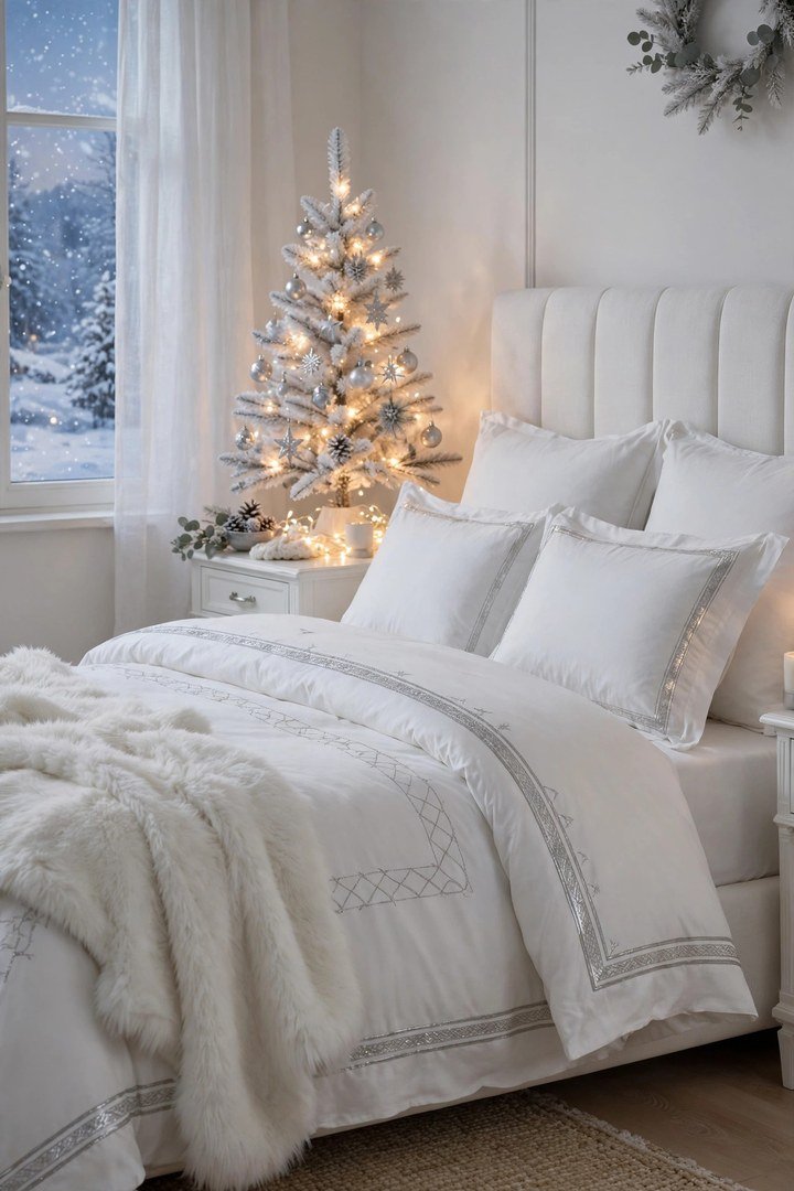 christmas bedroom decor ideas: elegant white and silver Christmas bedroom