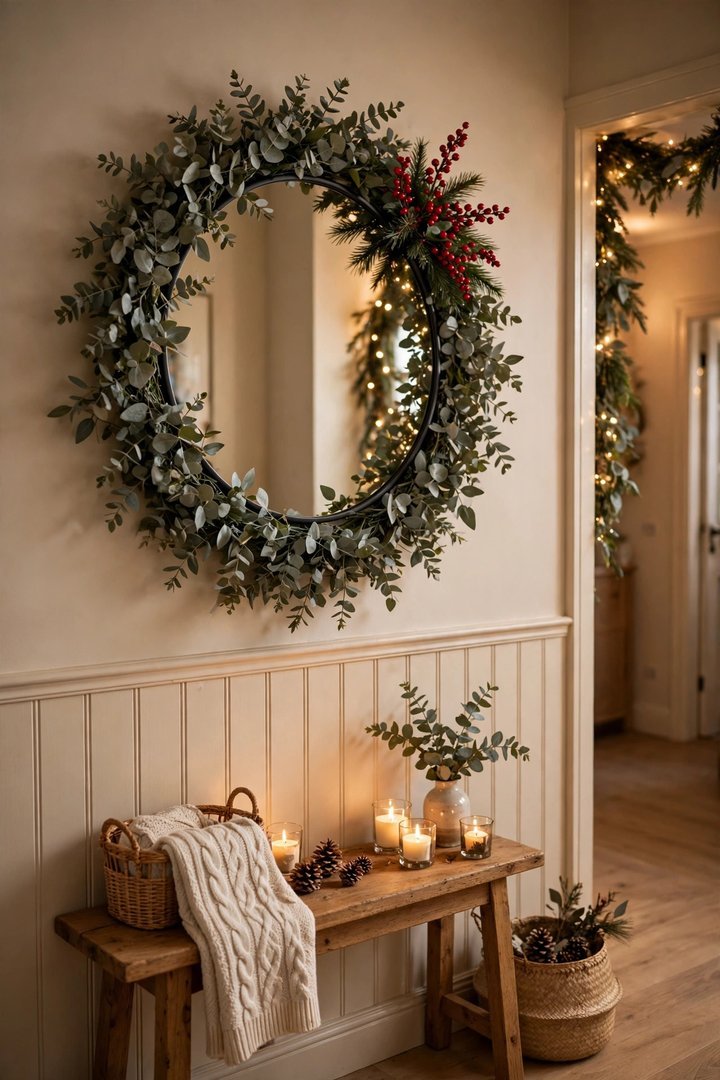 christmas entryway decor ideas: eucalyptus garland framing a round entryway mirror
