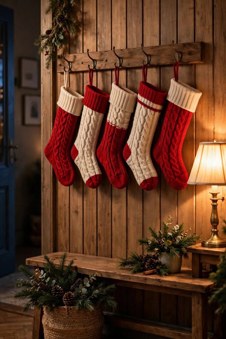 christmas entryway decor ideas: stockings hung on a wooden coat hook rail in the foyer