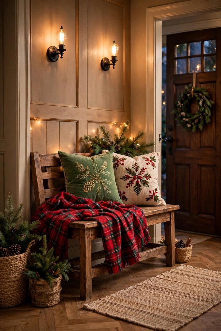 christmas entryway decor ideas: entryway bench styled with plaid throw and holiday pillows