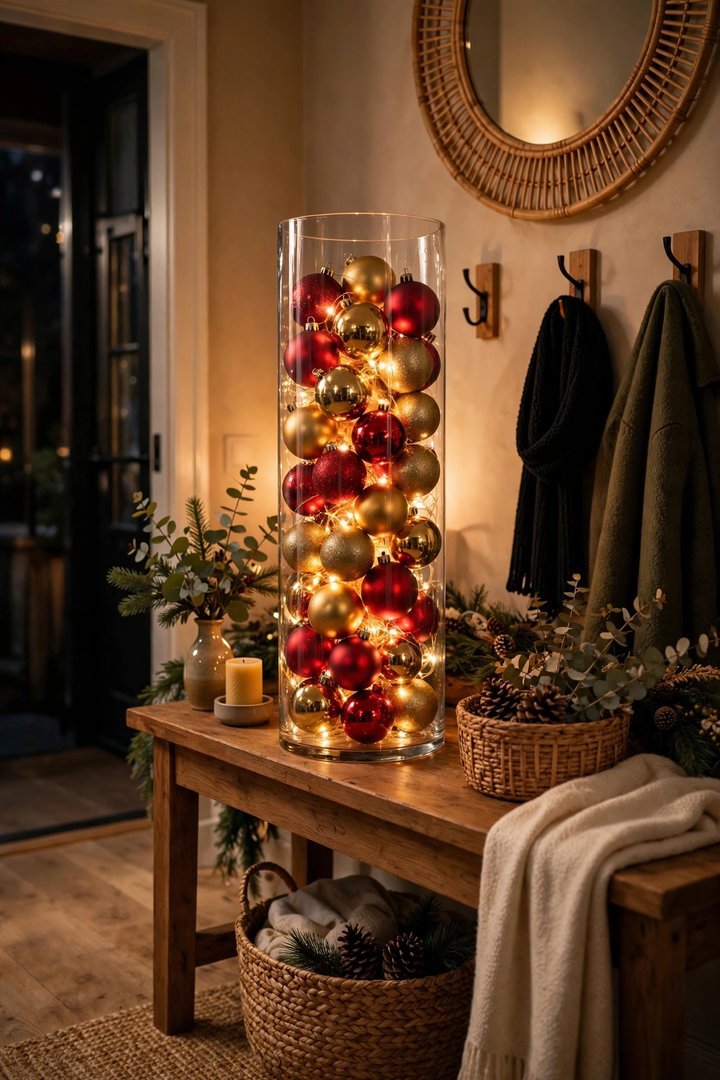 christmas entryway decor ideas: tall glass vase filled with gold and red ornaments