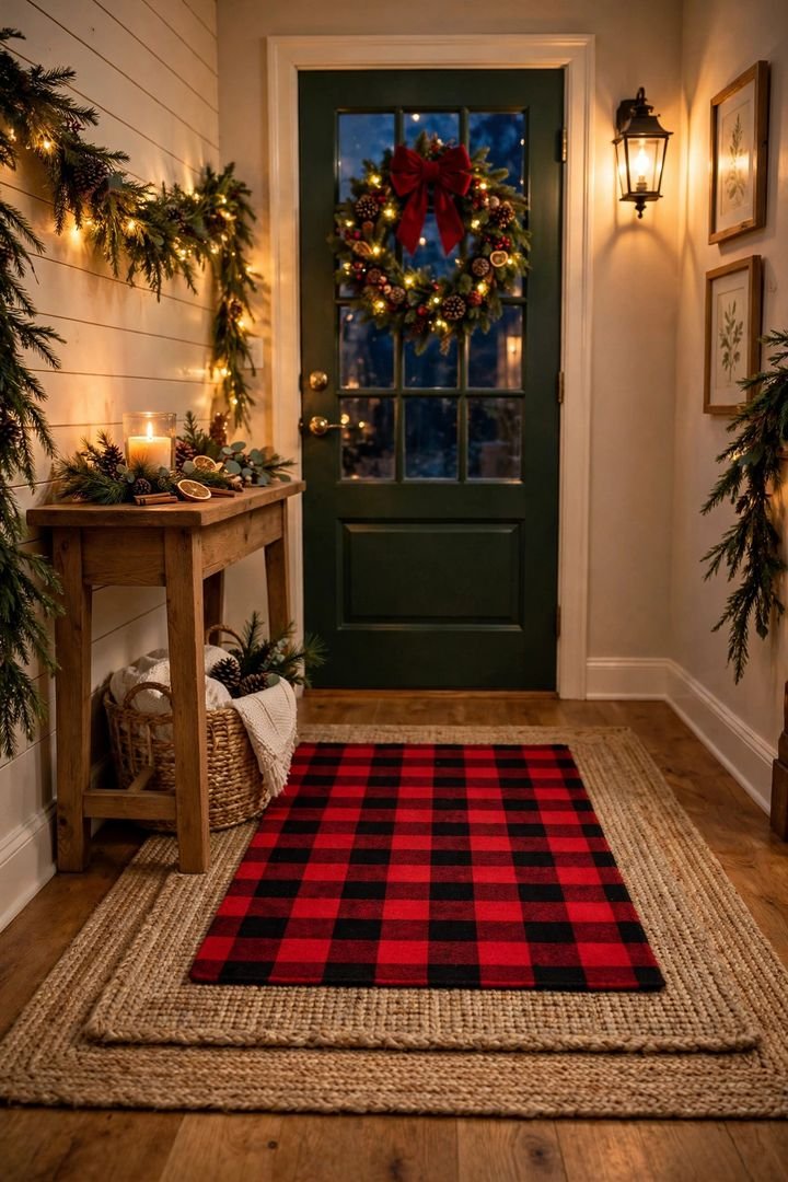 christmas entryway decor ideas: plaid rug layered in a Christmas foyer entryway