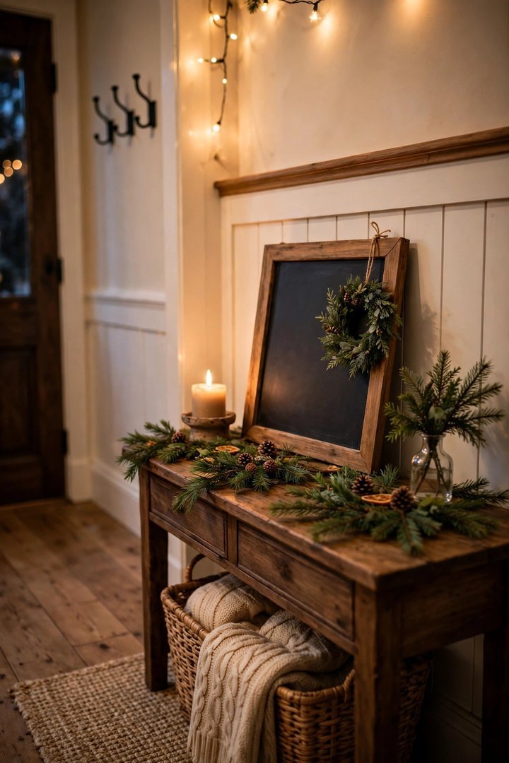 christmas entryway decor ideas: chalkboard welcome sign with a mini wreath on a console