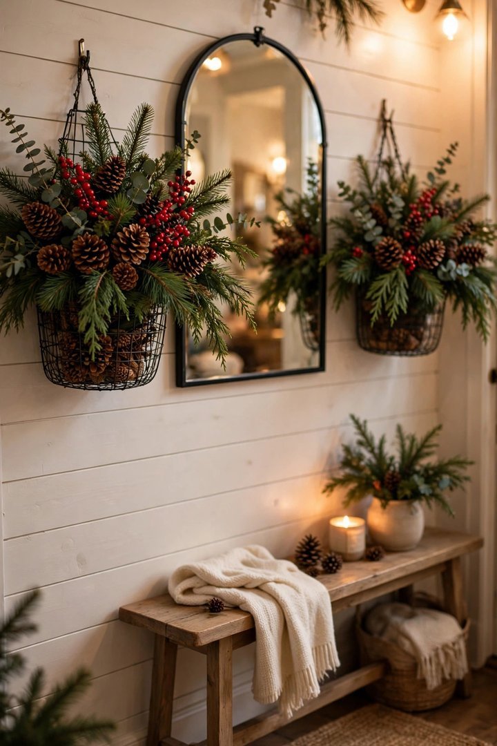 christmas entryway decor ideas: wall baskets with pinecones and berries flanking a mirror