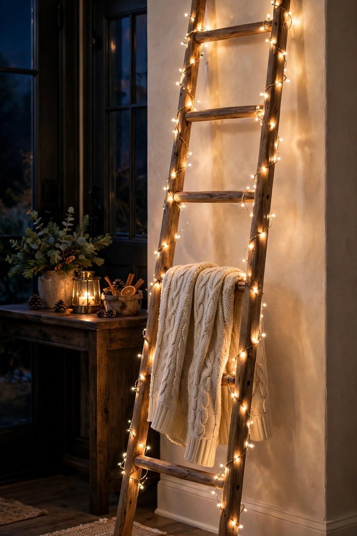 christmas entryway decor ideas: wooden ladder with fairy lights and a Christmas throw