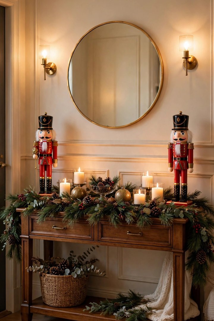 christmas entryway decor ideas: nutcracker figurines flanking a decorated console table
