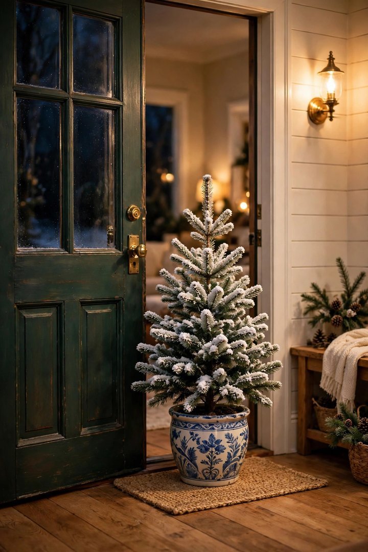 christmas entryway decor ideas: frosted potted pine tree inside the front door