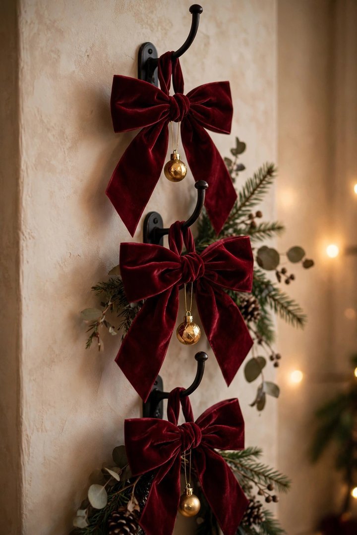 christmas entryway decor ideas: velvet bows tied on entryway coat hooks