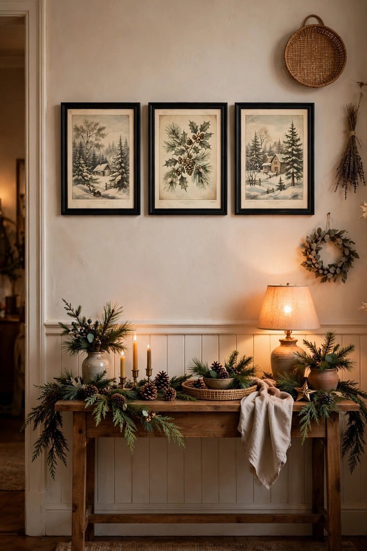 christmas entryway decor ideas: framed Christmas prints hung above a console table