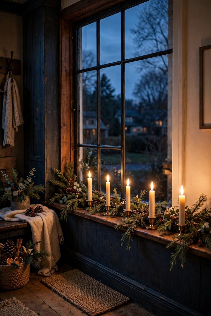 christmas entryway decor ideas: glowing electric candles in an entryway window at dusk