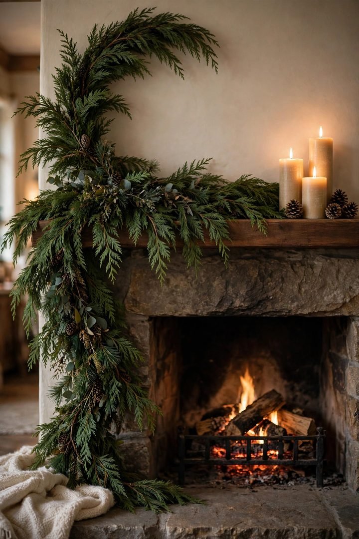 christmas mantel decor ideas: evergreen garland sweeping asymmetrically across a mantel