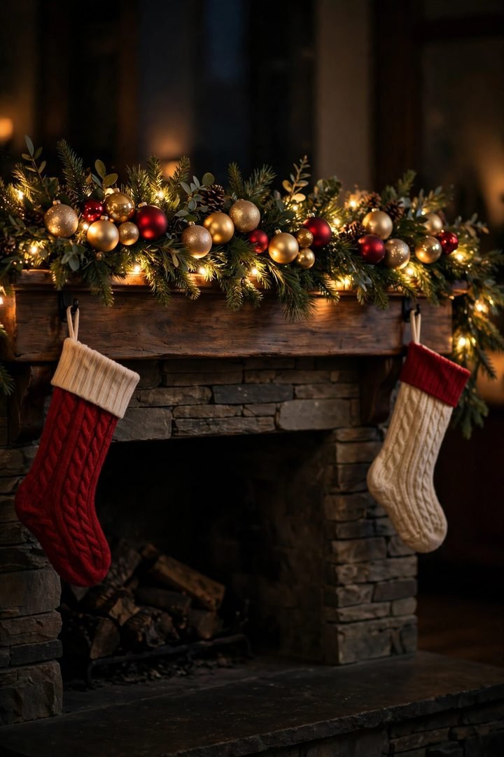 christmas mantel decor ideas: lighted garland woven with colorful ornaments on a mantel