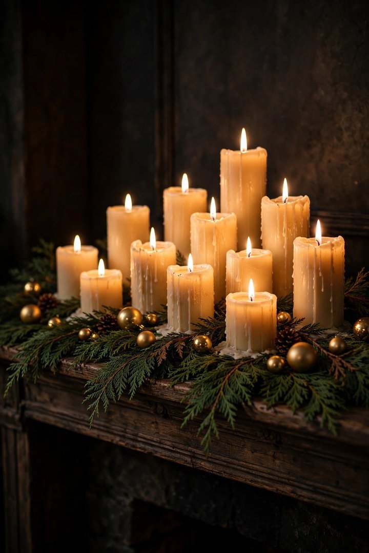 christmas mantel decor ideas: glowing pillar candles of mixed heights on a greenery bed