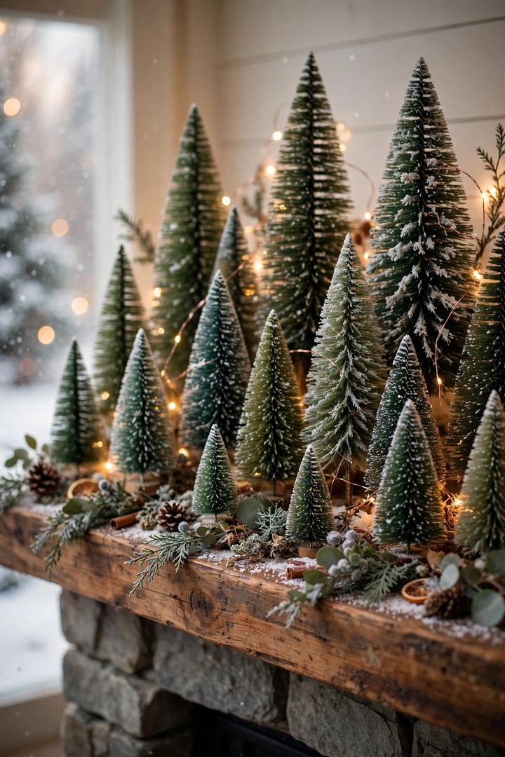 christmas mantel decor ideas: miniature bottle-brush tree forest dusted with snow on a mantel