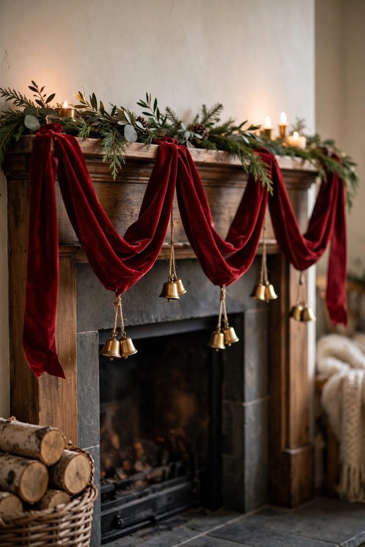 christmas mantel decor ideas: velvet ribbon swag with brass bells draped on a mantel