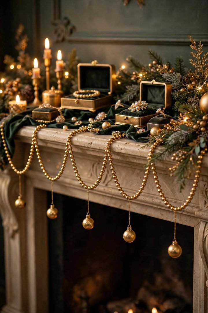 christmas mantel decor ideas: beaded ornament strands draped in scallops on a mantel