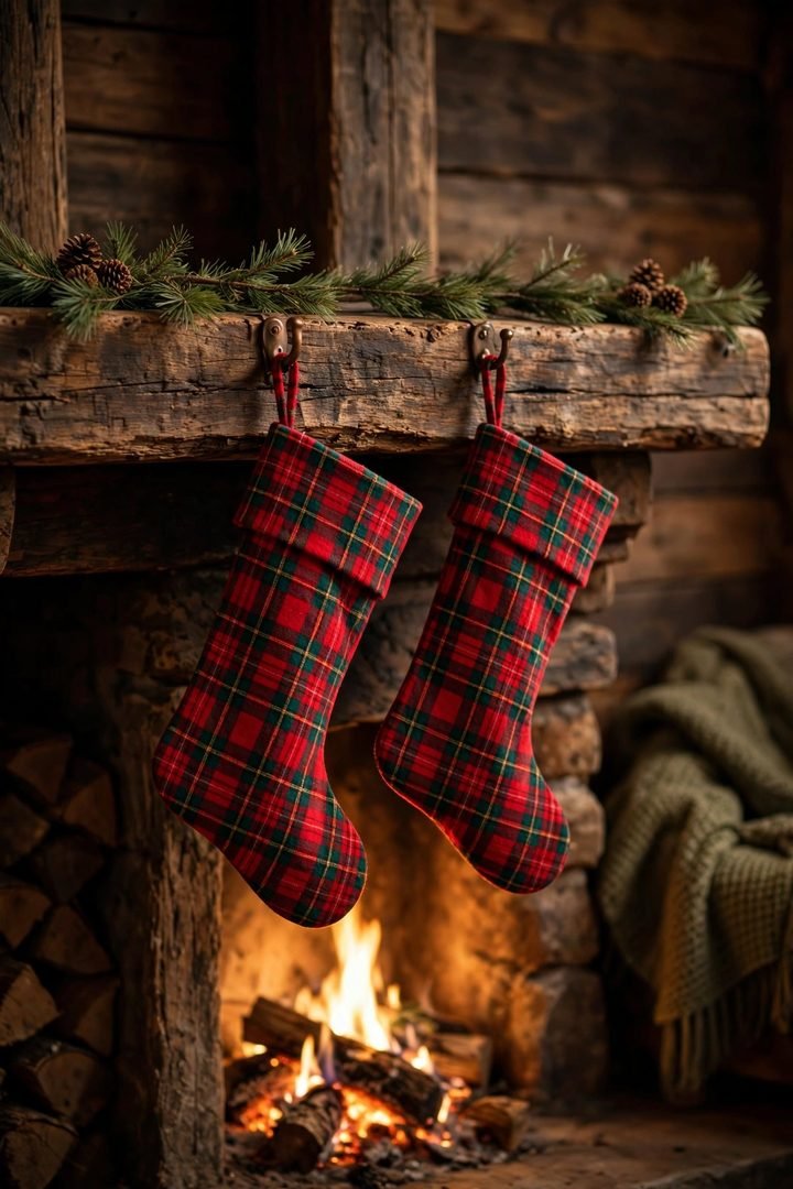 christmas mantel decor ideas: plaid stockings with pine sprigs on a narrow mantel