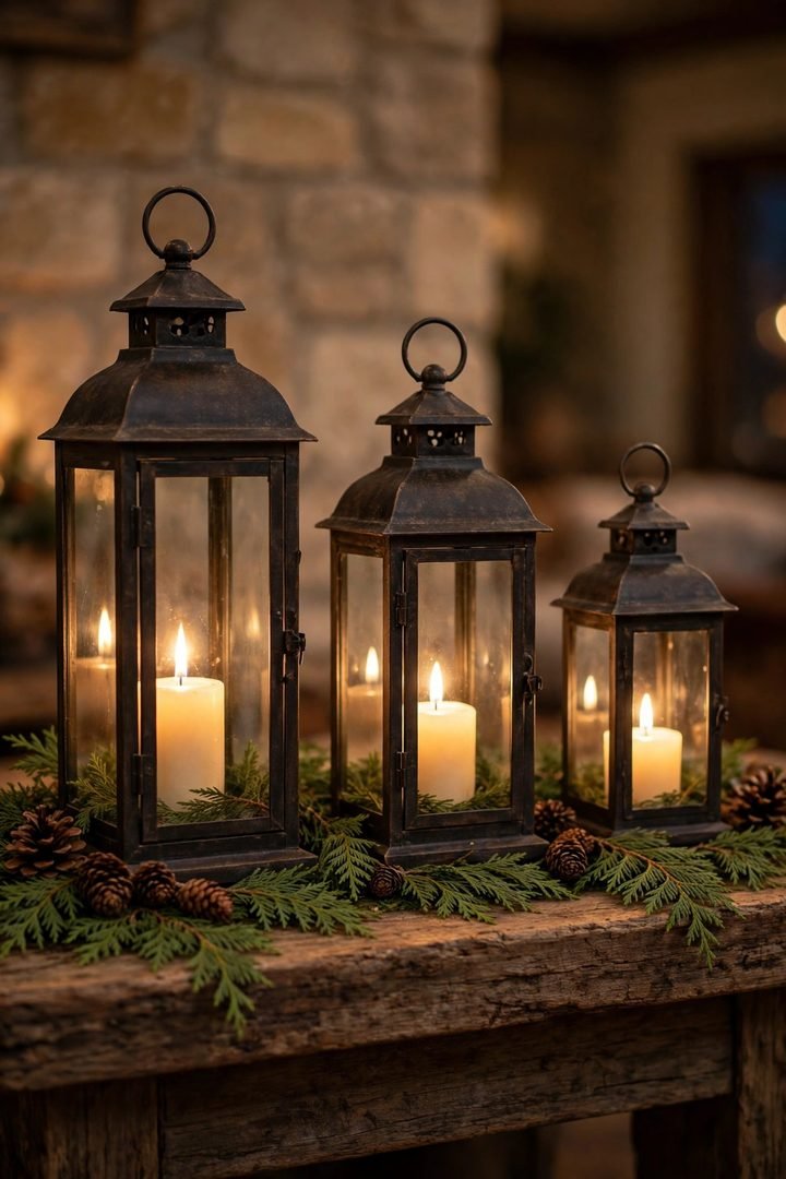 christmas mantel decor ideas: three lanterns glowing on a mantel with cedar sprigs