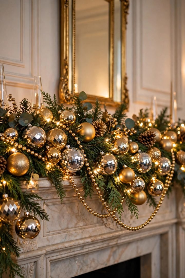christmas mantel decor ideas: gold lighted garland with mirrored ornaments on a mantel