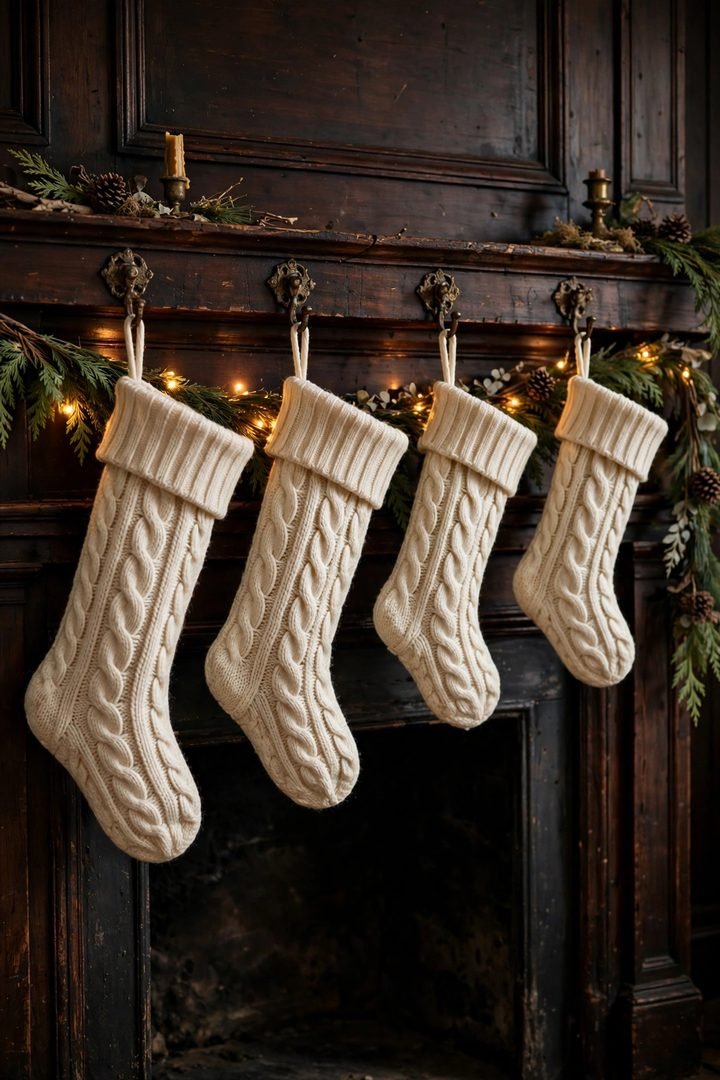 christmas mantel decor ideas: cream cable-knit stockings on a mantel with cedar runner