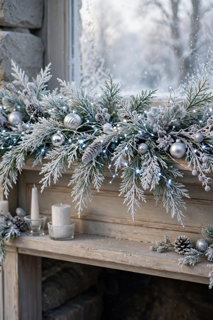 christmas mantel decor ideas: frosted cypress garland with fairy lights on a mantel