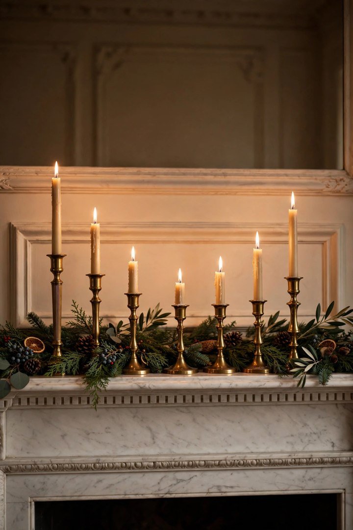 christmas mantel decor ideas: brass candlesticks with ivory tapers lined on a mantel