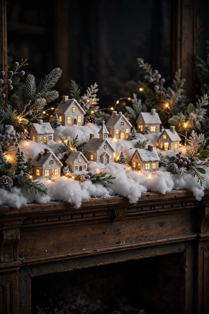 christmas mantel decor ideas: miniature glowing village houses in cotton snow on a mantel