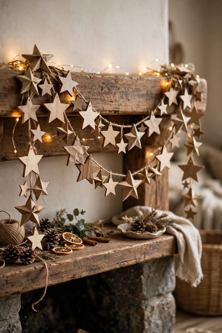 christmas mantel decor ideas: wooden star garland draped across a mantel with lights