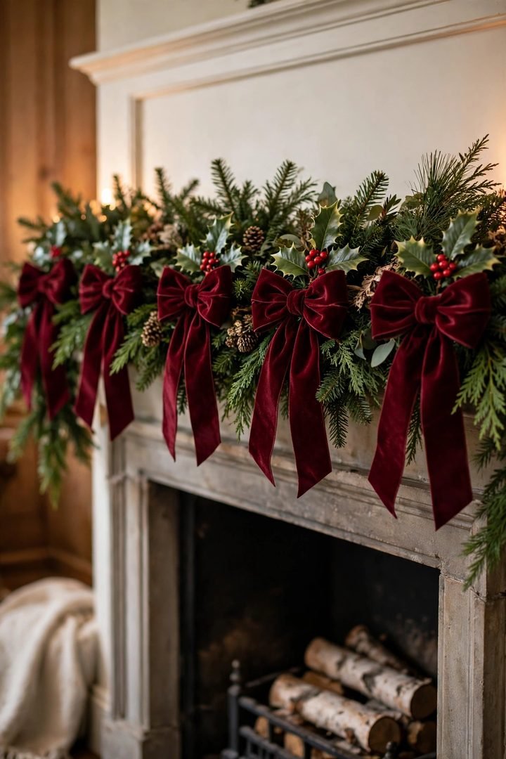 christmas mantel decor ideas: velvet bows with holly sprigs styled on a mantel